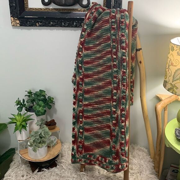 Handmade Colorful Afghan Throw Green, Red & Beige Tones - Picture 1 of 17